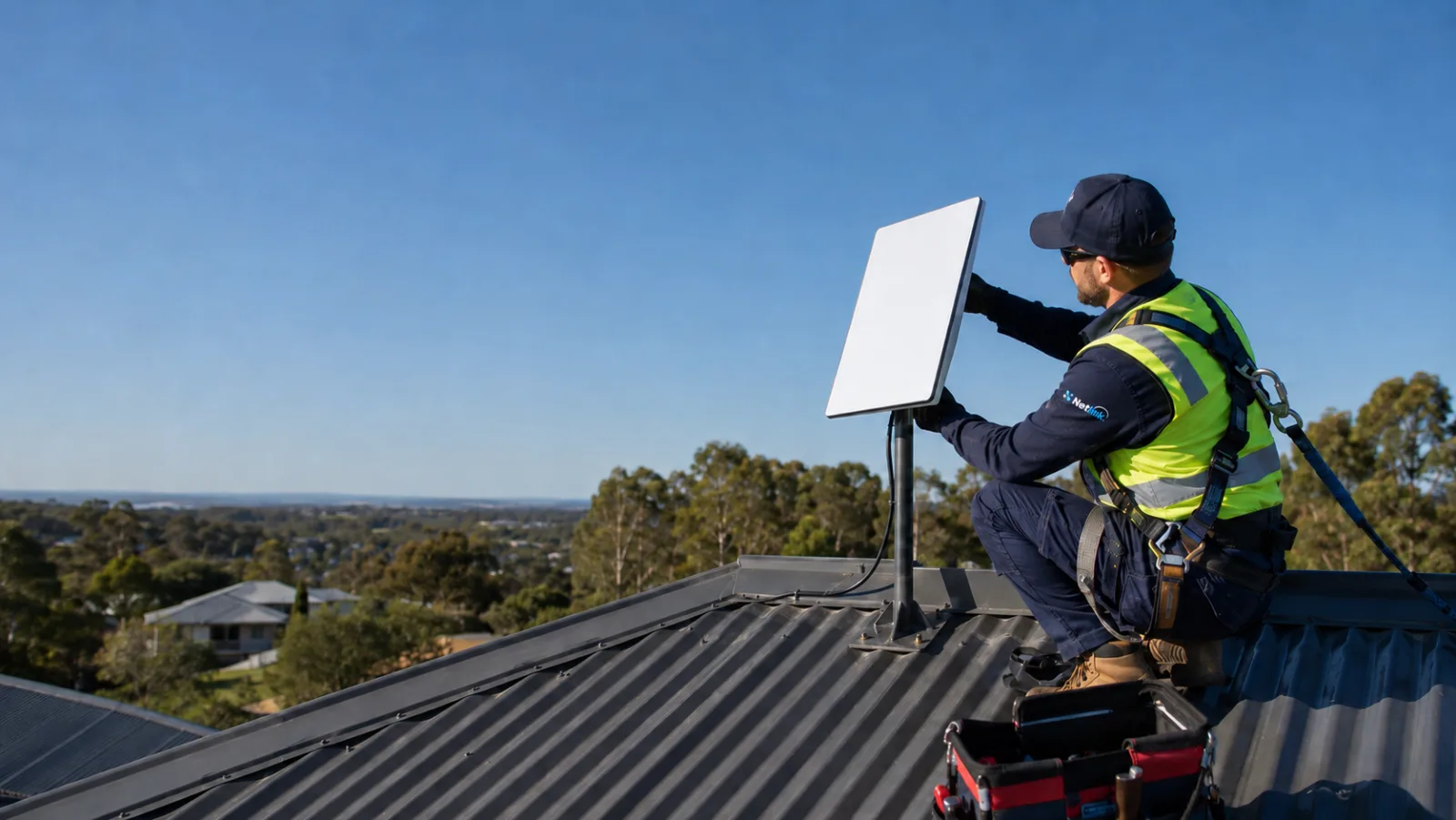 Netlink technician installing a Starlink dish on a Hunter Valley rooftop