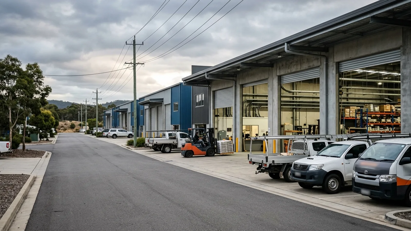 Munibung Road Cardiff light-industrial estate — high-bay warehouses with trade counters and forklift zones — Netlink cable-tray Cat6A and dust-sealed CCTV service area