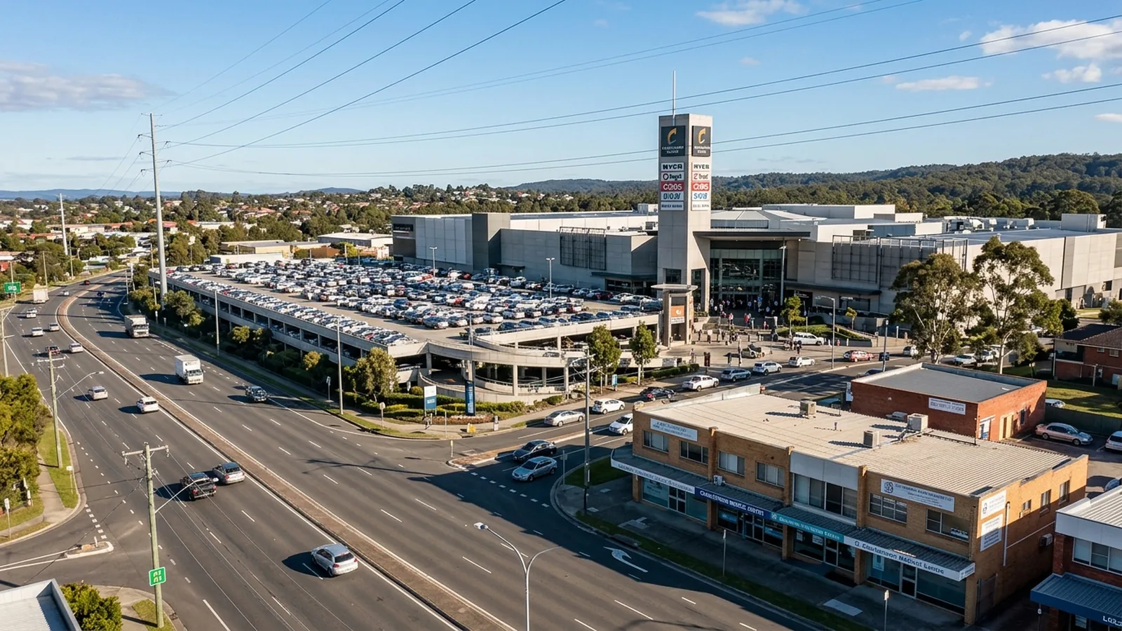 Charlestown Lake Macquarie enclosed retail centre exterior with wide car park and Pacific Highway frontage — Netlink centre-coordinated tenancy CCTV and cabling service area