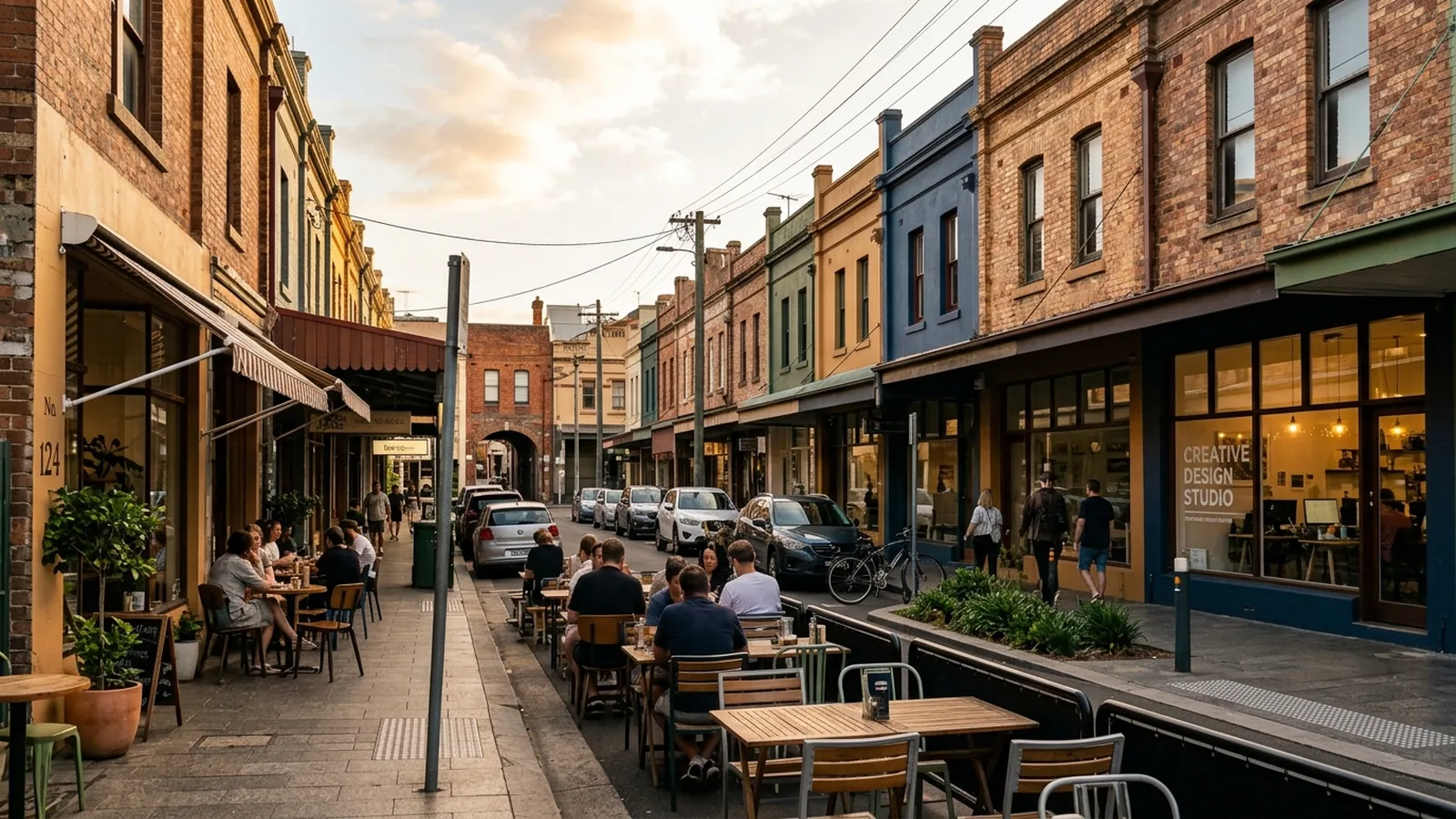 Darby Street Cooks Hill — inner-city creative strip with terrace cafes, alfresco tables and rear service lanes — Netlink hospitality CCTV and creative-studio Cat6A backbone service area