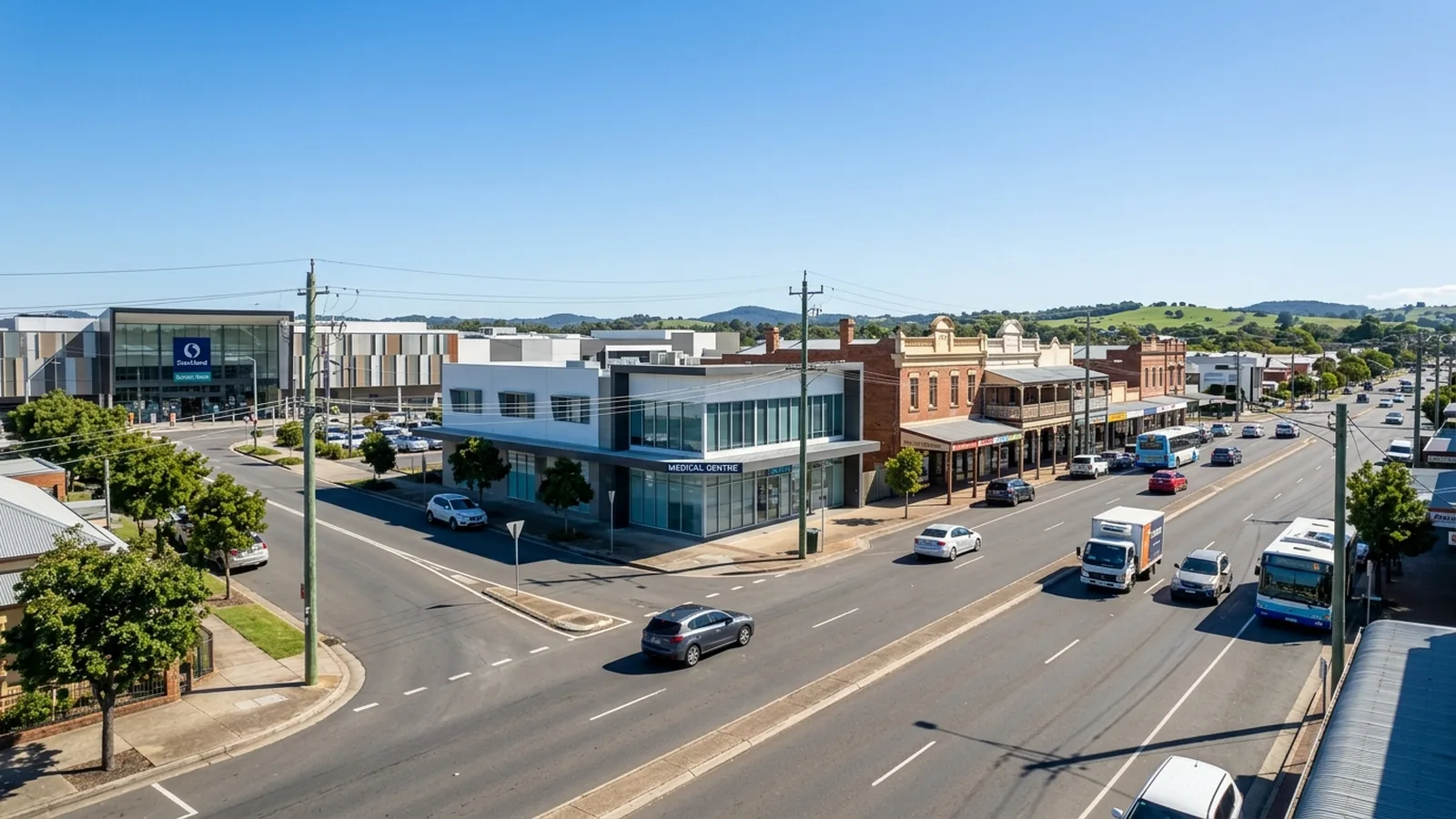 East Maitland Green Hills-style retail centre with medical-centre shopfront and heritage Newcastle Street facades — Netlink medical-centre Cat6A and centre-coordinated CCTV service area