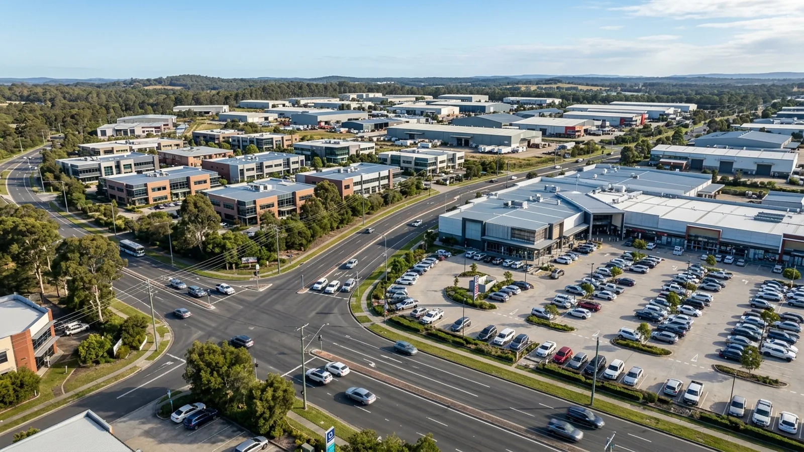 Glendale Lake Macquarie retail centre with Cardiff Business Park offices and industrial estate warehouses beyond — Netlink multi-precinct commercial CCTV and cabling service area
