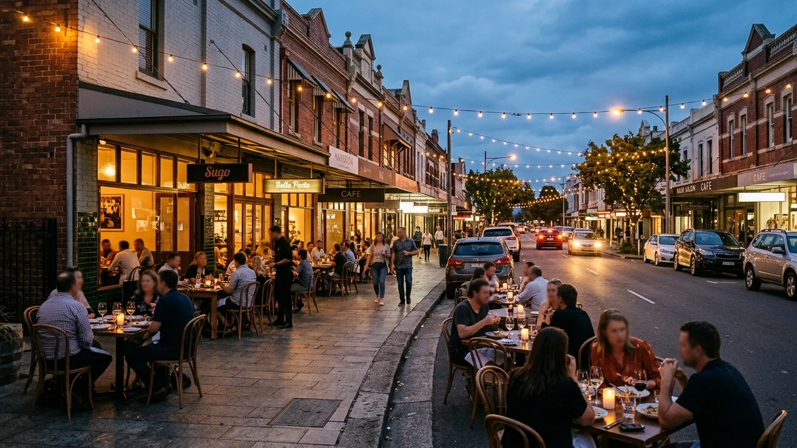 Beaumont Street Hamilton at dusk — restaurant strip with alfresco footpath dining and heritage two-storey shopfronts — Netlink hospitality CCTV and POS cabling service area