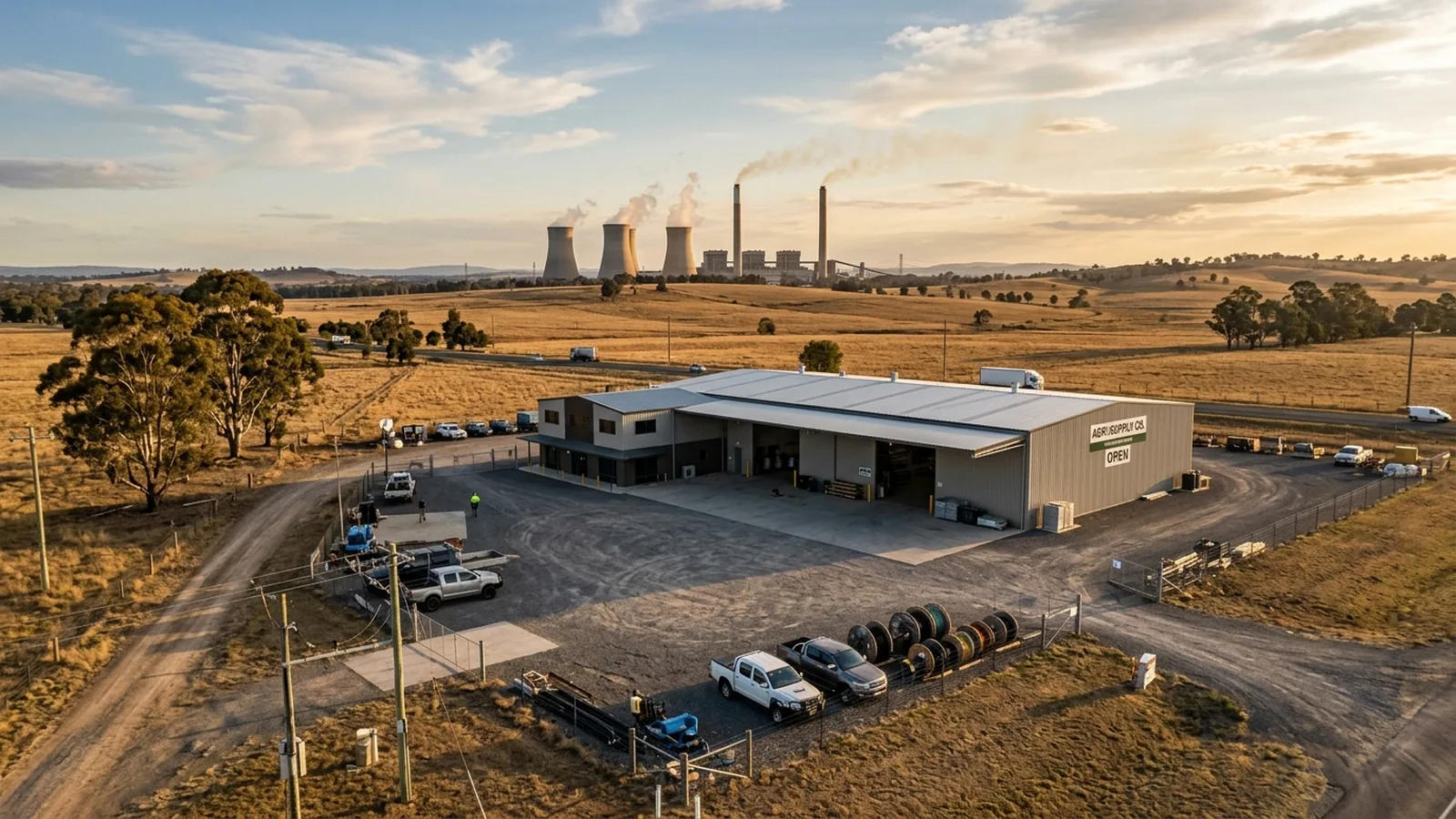 Muswellbrook upper Hunter power-station-support yard with distant coal-fired cooling stacks on the horizon — Netlink EMI-aware cabling and long-range PTZ CCTV service area
