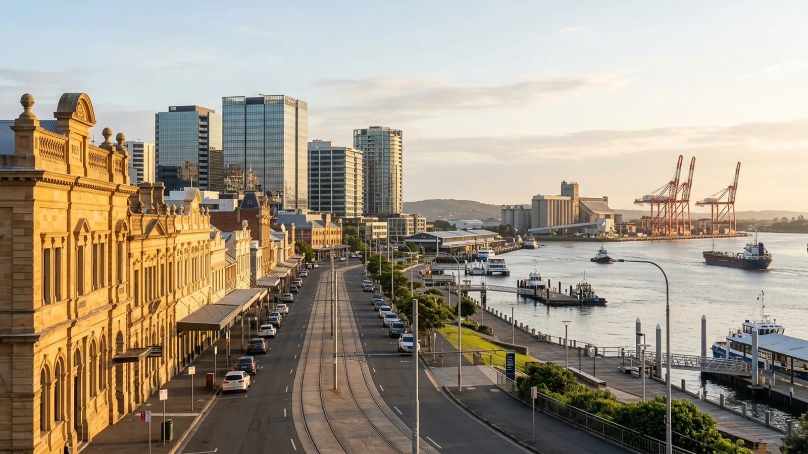 Newcastle CBD sandstone heritage facades along Hunter Street with Honeysuckle glass towers and the working port beyond — Netlink commercial cabling and CCTV service area