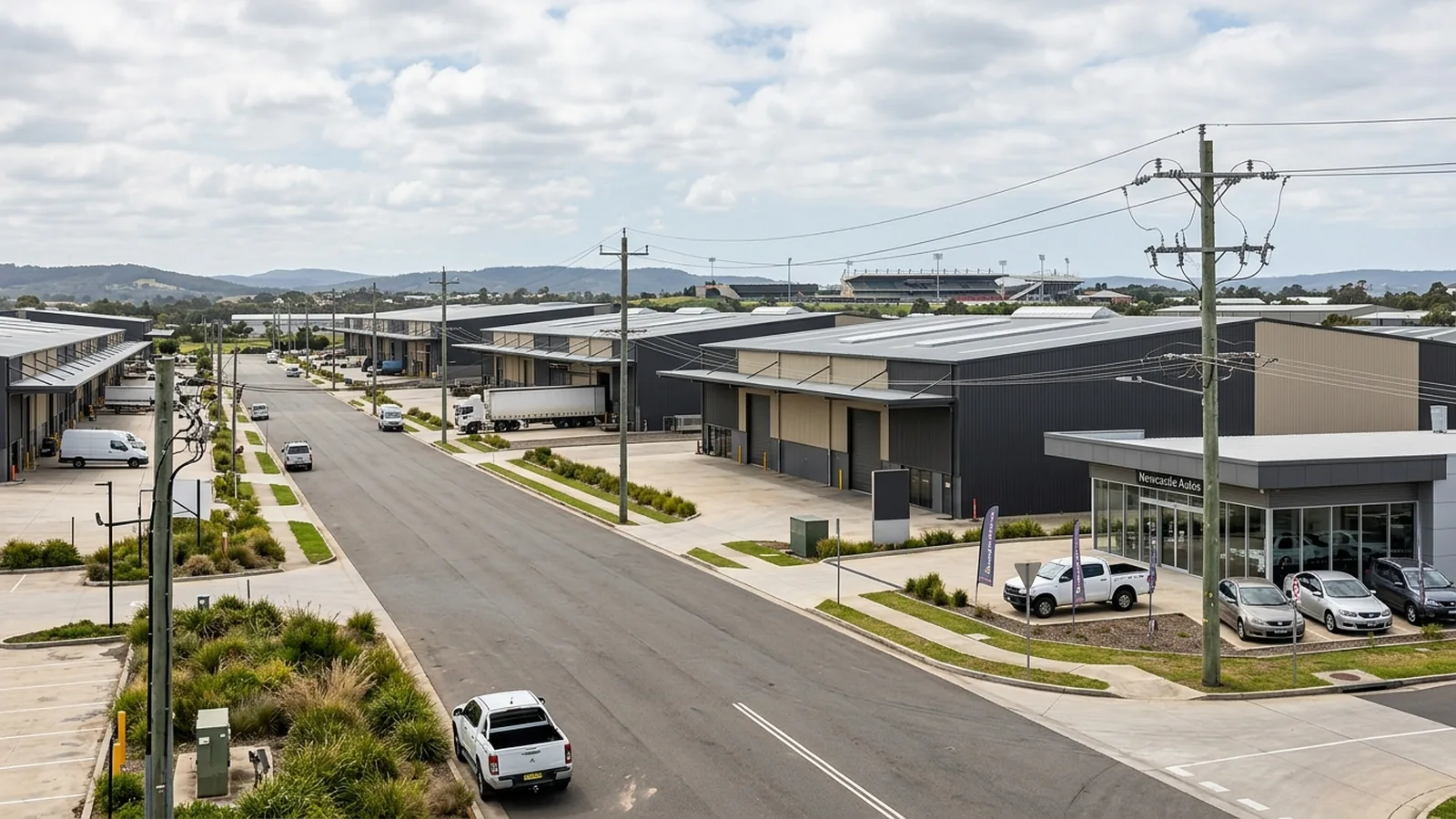 Steel River light-industrial estate Newcastle West — warehouse sheds with corrugated cladding — Netlink high-bay cable tray backbones and ANPR CCTV service area