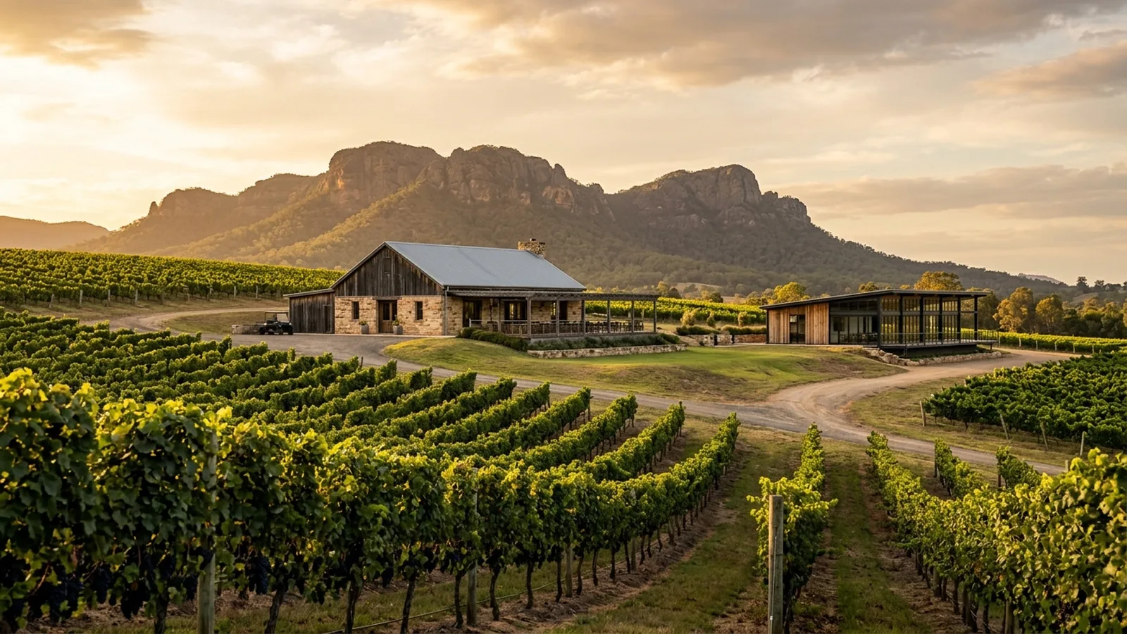 Pokolbin Hunter Valley wine district — rolling vineyards, cellar-door tasting room and Brokenback Range beyond — Netlink single-mode fibre backbone and cellar-door CCTV service area