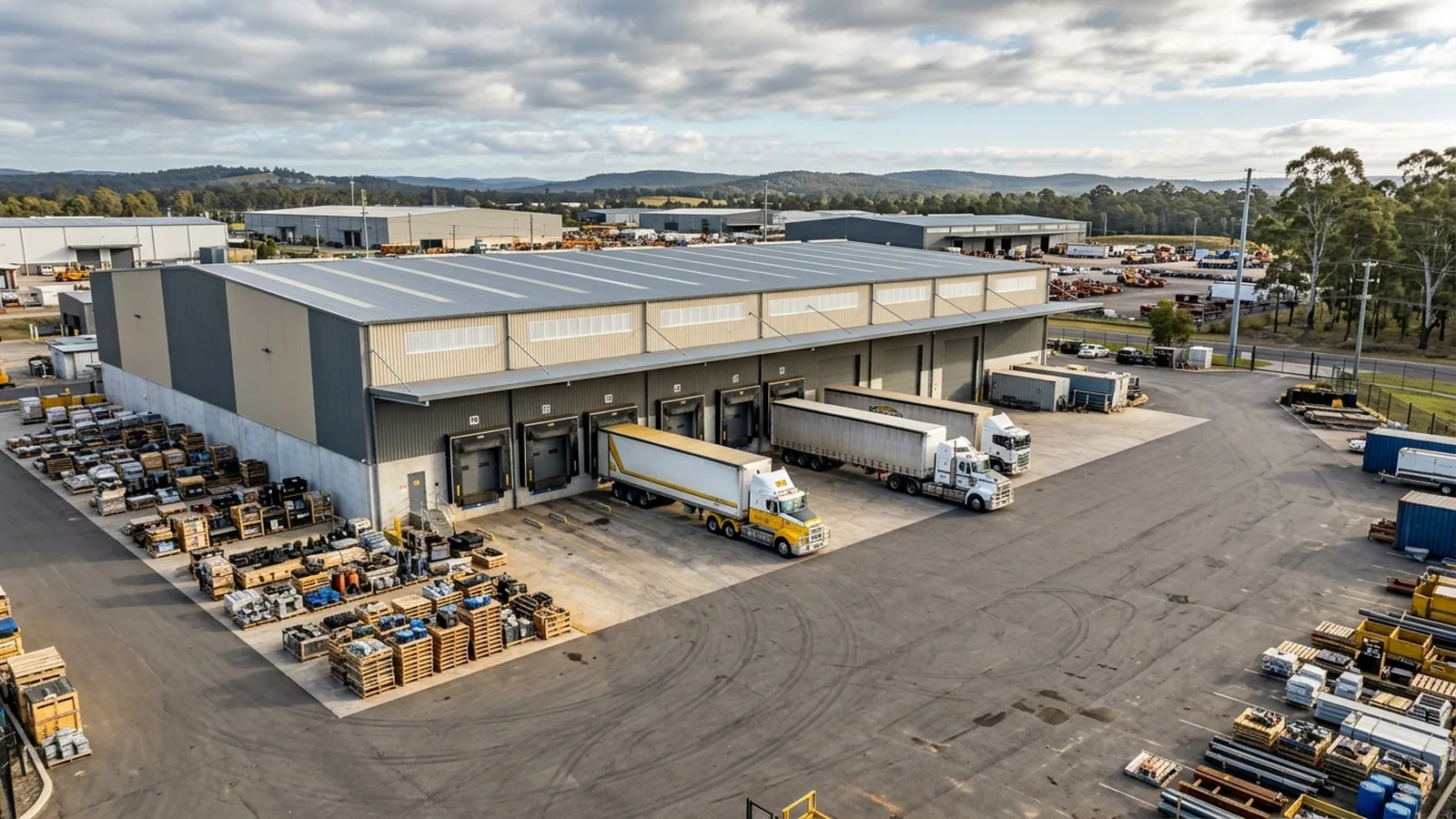 Weakleys Drive Rutherford heavy-industrial estate — high-bay warehouse with multiple dock doors and semi-trailer prime movers — Netlink long-run fibre backbone and PoE++ CCTV service area