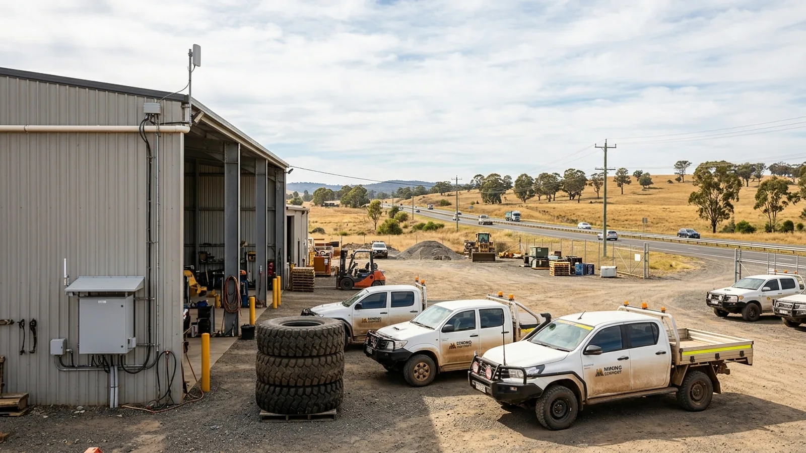 Singleton upper Hunter mining-support workshop yard with heavy 4WD utes and haul-truck tyres — Netlink dust-sealed CCTV and long-run structured cabling service area
