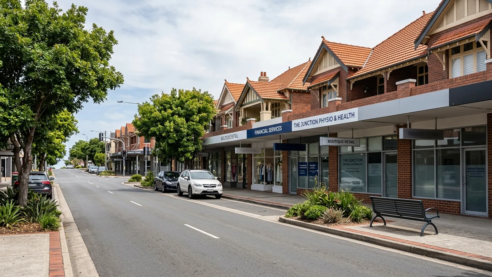 Union Street The Junction — polished professional-services shopfronts and Federation streetscape — Netlink discreet CCTV and Cat6A structured cabling service area