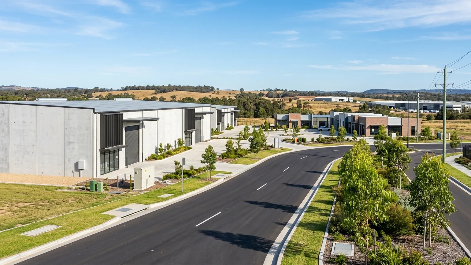 Thornton Maitland greenfield commercial estate — post-2005 concrete-panel warehouse sheds with landscaped verges — Netlink greenfield design-with-builder cabling service area