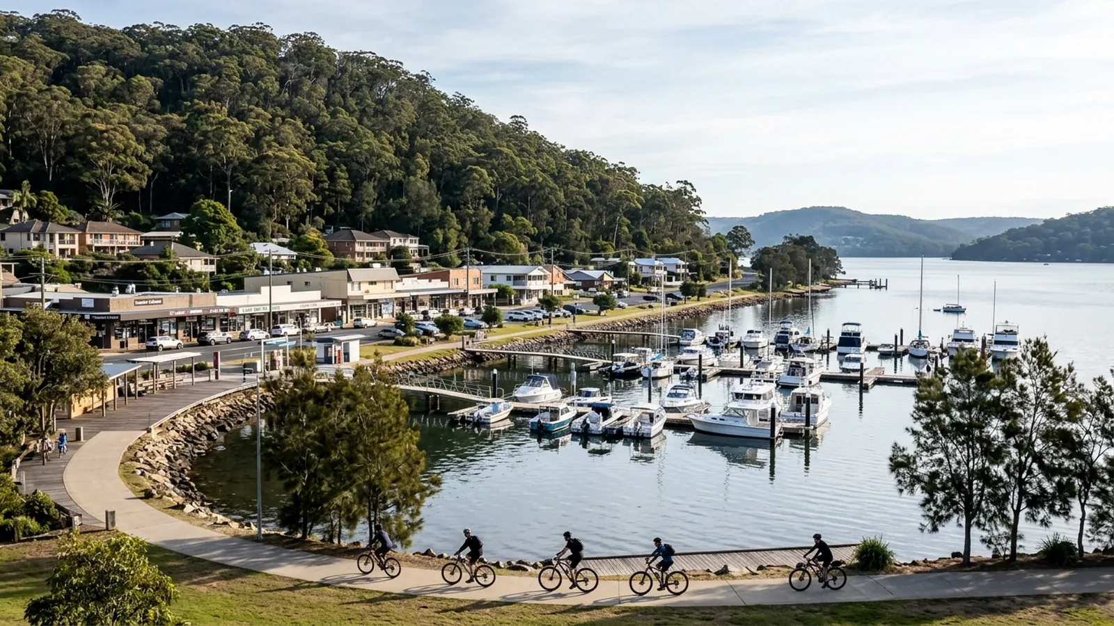 Toronto The Boulevarde retail strip beside the western Lake Macquarie foreshore with a small marina and moored boats — Netlink hospitality and marina cabling service area